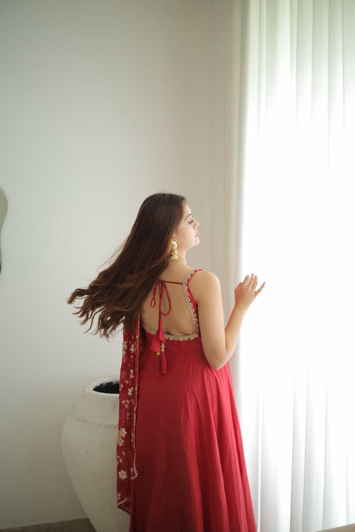 Manjula Maroon Georgette Anarkali Gown Suit Set with Sequin Dupatta