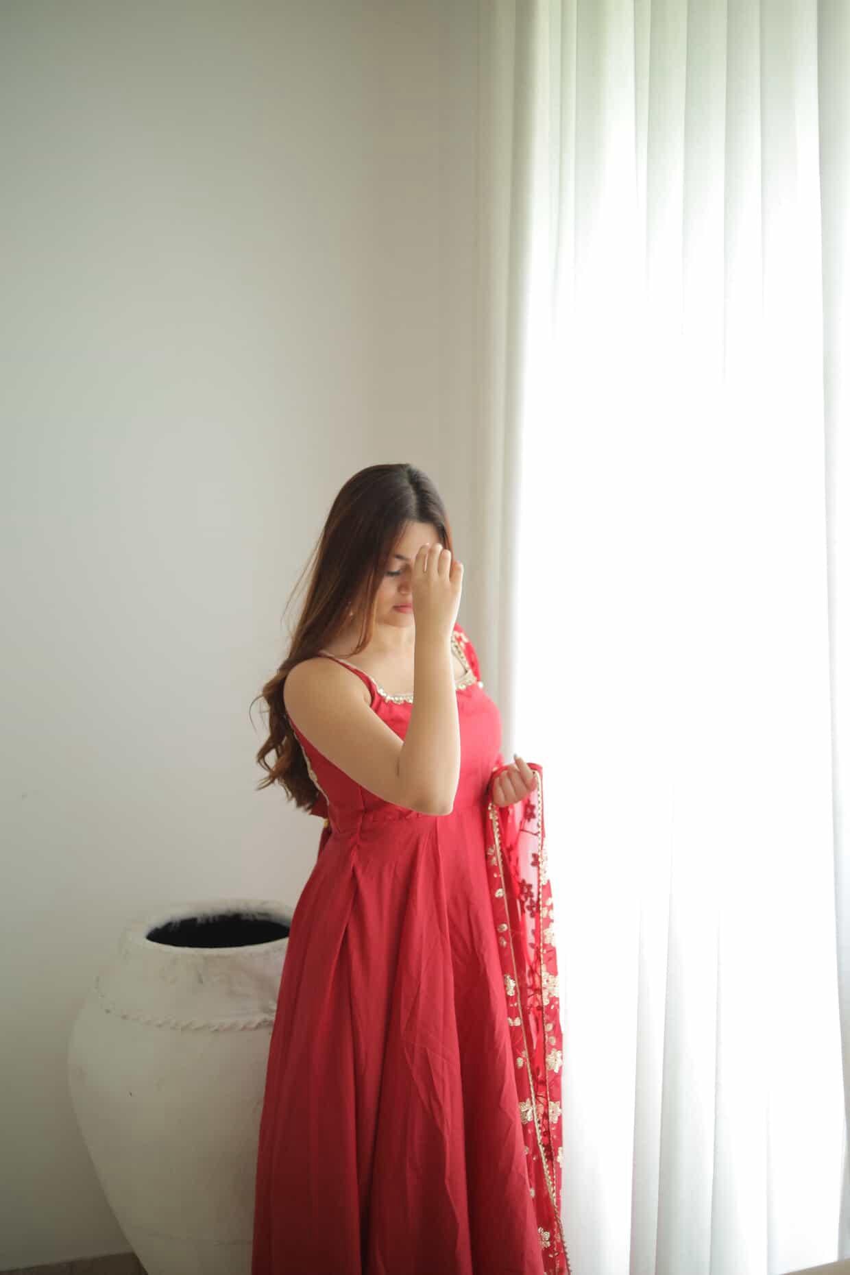 Manjula Maroon Georgette Anarkali Gown Suit Set with Sequin Dupatta