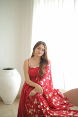 Manjula Maroon Georgette Anarkali Gown Suit Set with Sequin Dupatta