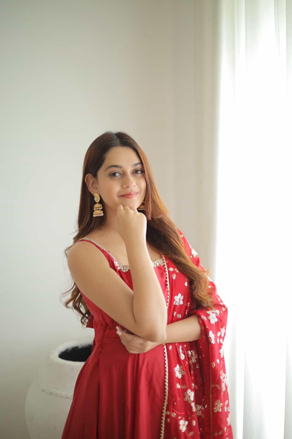 Manjula Maroon Georgette Anarkali Gown Suit Set with Sequin Dupatta