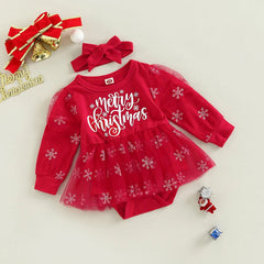 Merry Christmas Baby Girls Romper Dress with Bow – Festive Cotton Blend Outfit