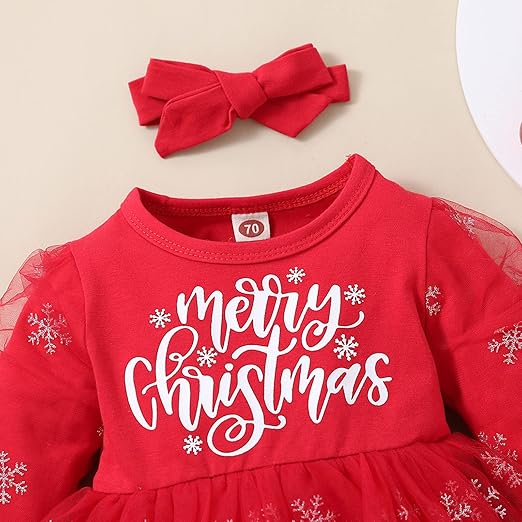 Merry Christmas Baby Girls Romper Dress with Bow – Festive Cotton Blend Outfit