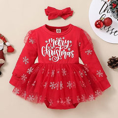 Merry Christmas Baby Girls Romper Dress with Bow – Festive Cotton Blend Outfit