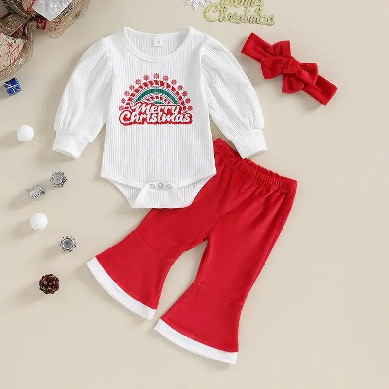 Merry Christmas Baby Girls Cotton Blend Romper Set with Matching Hairband – Festive Infant Outfit