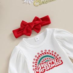 Merry Christmas Baby Girls Cotton Blend Romper Set with Matching Hairband – Festive Infant Outfit