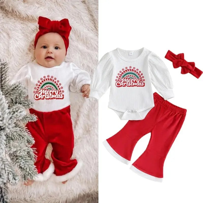 Merry Christmas Baby Girls Cotton Blend Romper Set with Matching Hairband – Festive Infant Outfit