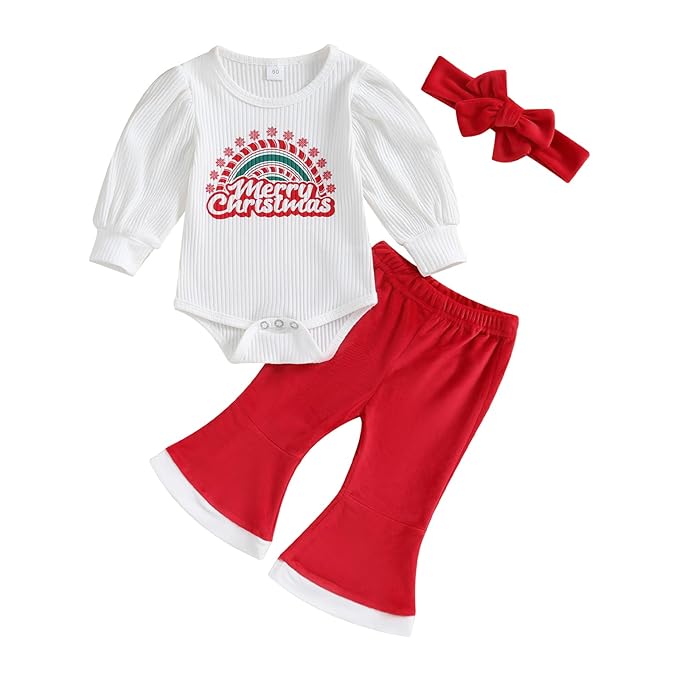 Merry Christmas Baby Girls Cotton Blend Romper Set with Matching Hairband – Festive Infant Outfit