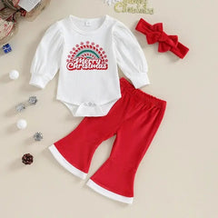 Merry Christmas Baby Girls Cotton Blend Romper Set with Matching Hairband – Festive Infant Outfit