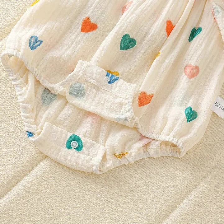 Mini Hearts Baby Girls Muslin Cotton Romper with Matching Hat – Soft Breathable Infant Outfit