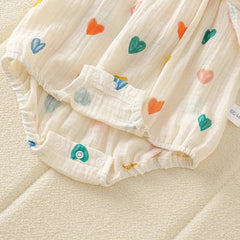 Mini Hearts Baby Girls Muslin Cotton Romper with Matching Hat – Soft Breathable Infant Outfit