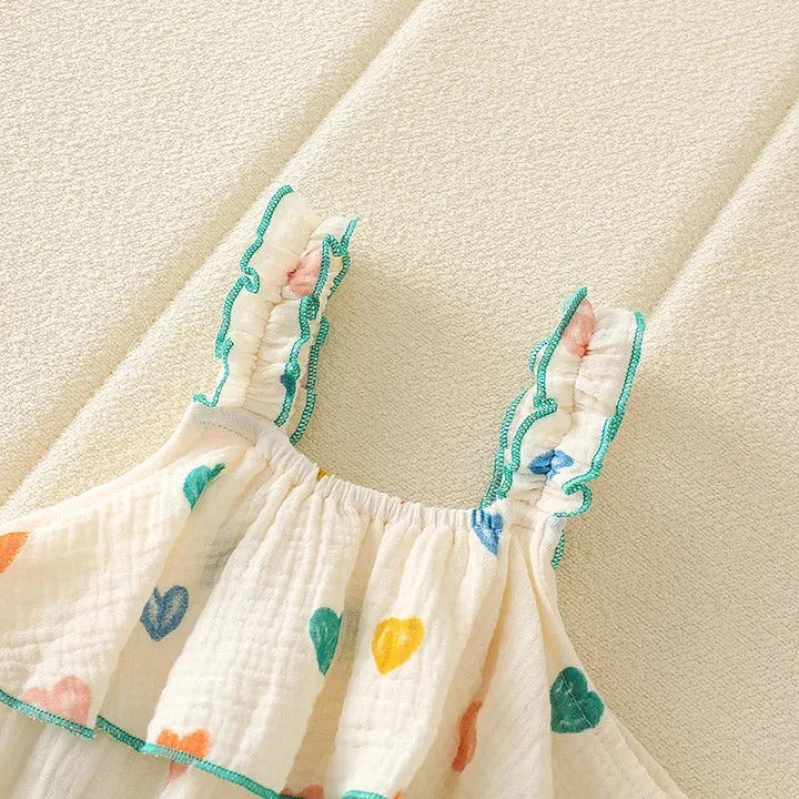 Mini Hearts Baby Girls Muslin Cotton Romper with Matching Hat – Soft Breathable Infant Outfit