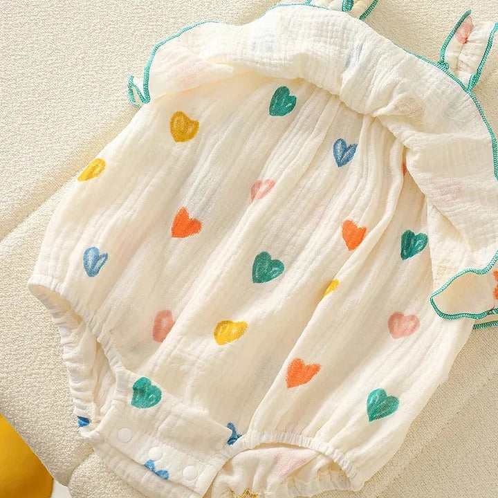 Mini Hearts Baby Girls Muslin Cotton Romper with Matching Hat – Soft Breathable Infant Outfit