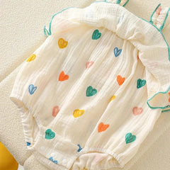 Mini Hearts Baby Girls Muslin Cotton Romper with Matching Hat – Soft Breathable Infant Outfit