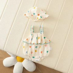 Mini Hearts Baby Girls Muslin Cotton Romper with Matching Hat – Soft Breathable Infant Outfit