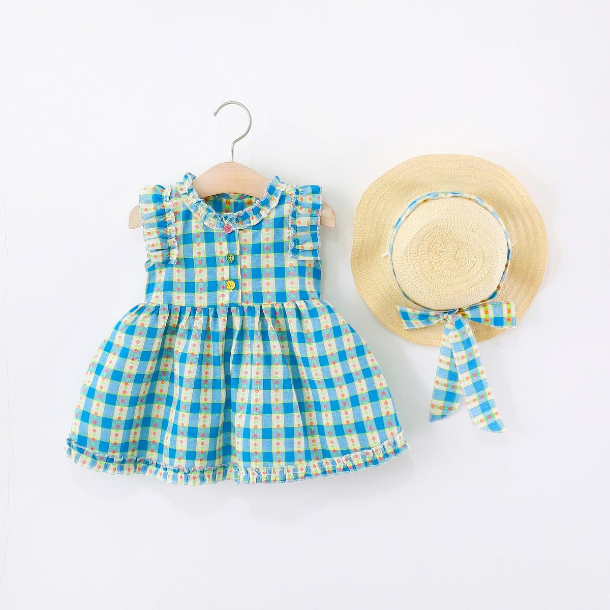 Baby Girls Blue Checkered Picnic Dress with Hat – Cotton Lined Outfit