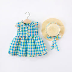Baby Girls Blue Checkered Picnic Dress with Hat – Cotton Lined Outfit