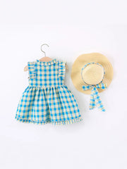 Baby Girls Blue Checkered Picnic Dress with Hat – Cotton Lined Outfit