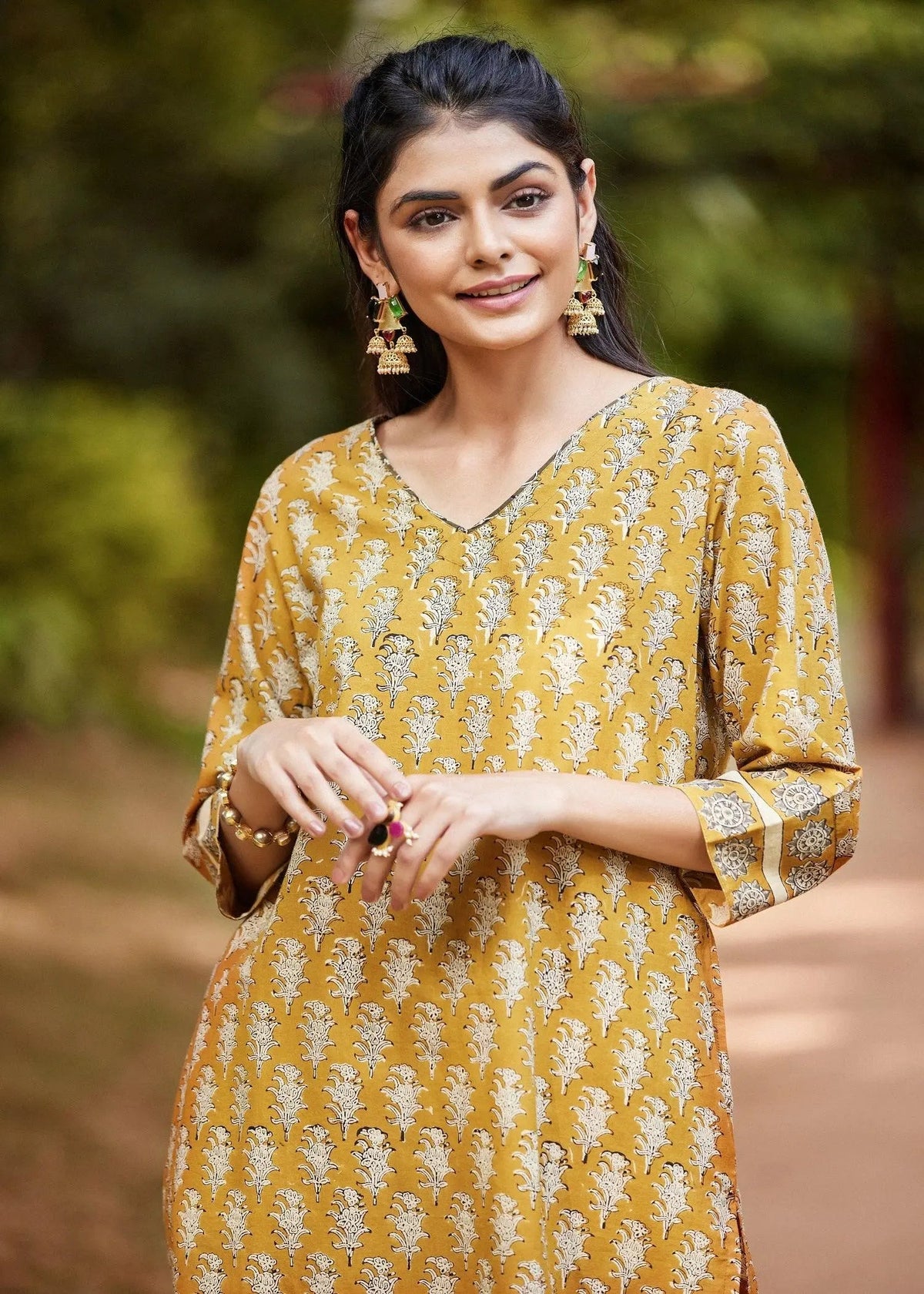 Mustard Straight-Cut Hand-Block Printed Cotton Kurta