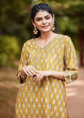 Mustard Straight-Cut Hand-Block Printed Cotton Kurta