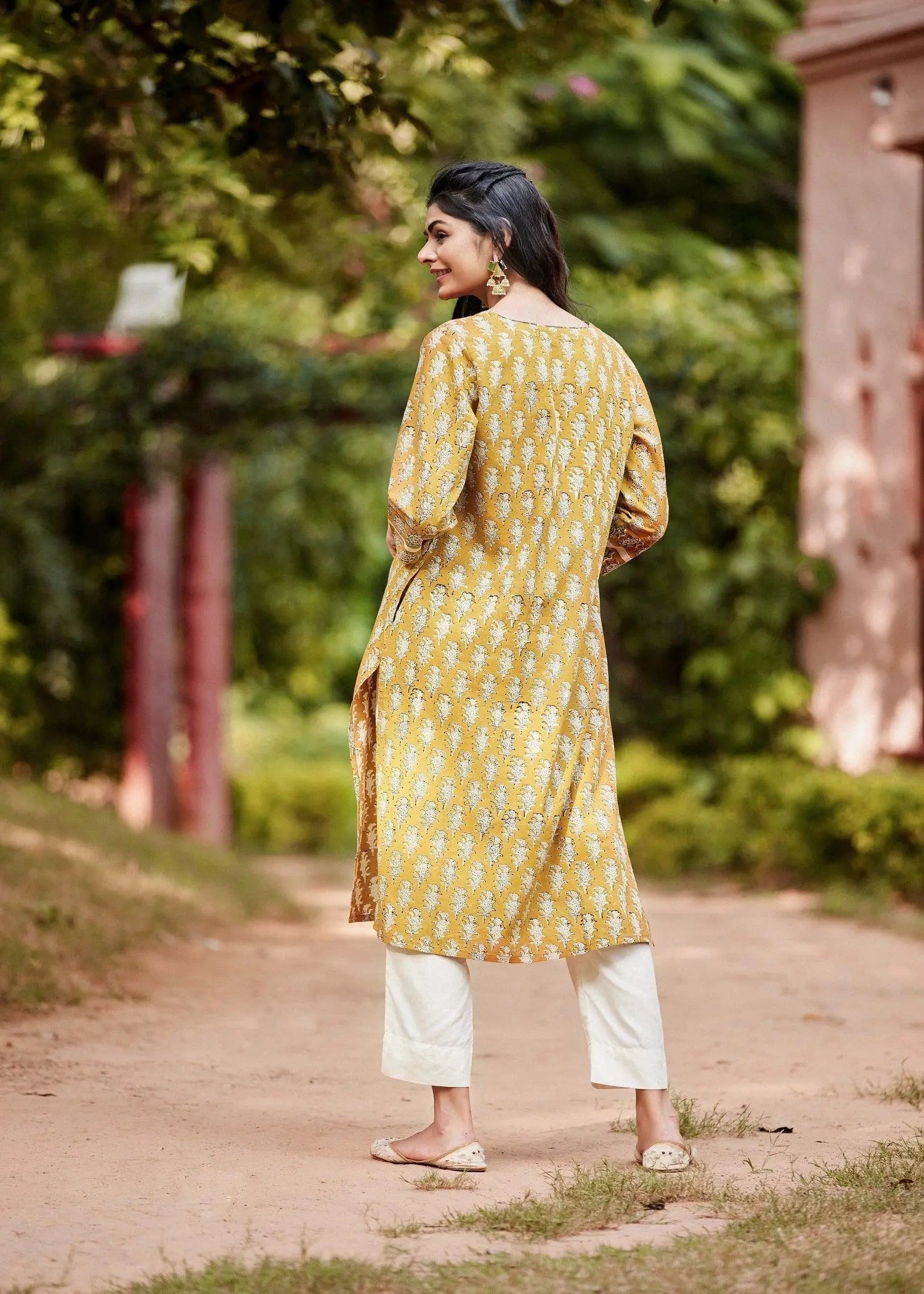 Mustard Straight-Cut Hand-Block Printed Cotton Kurta