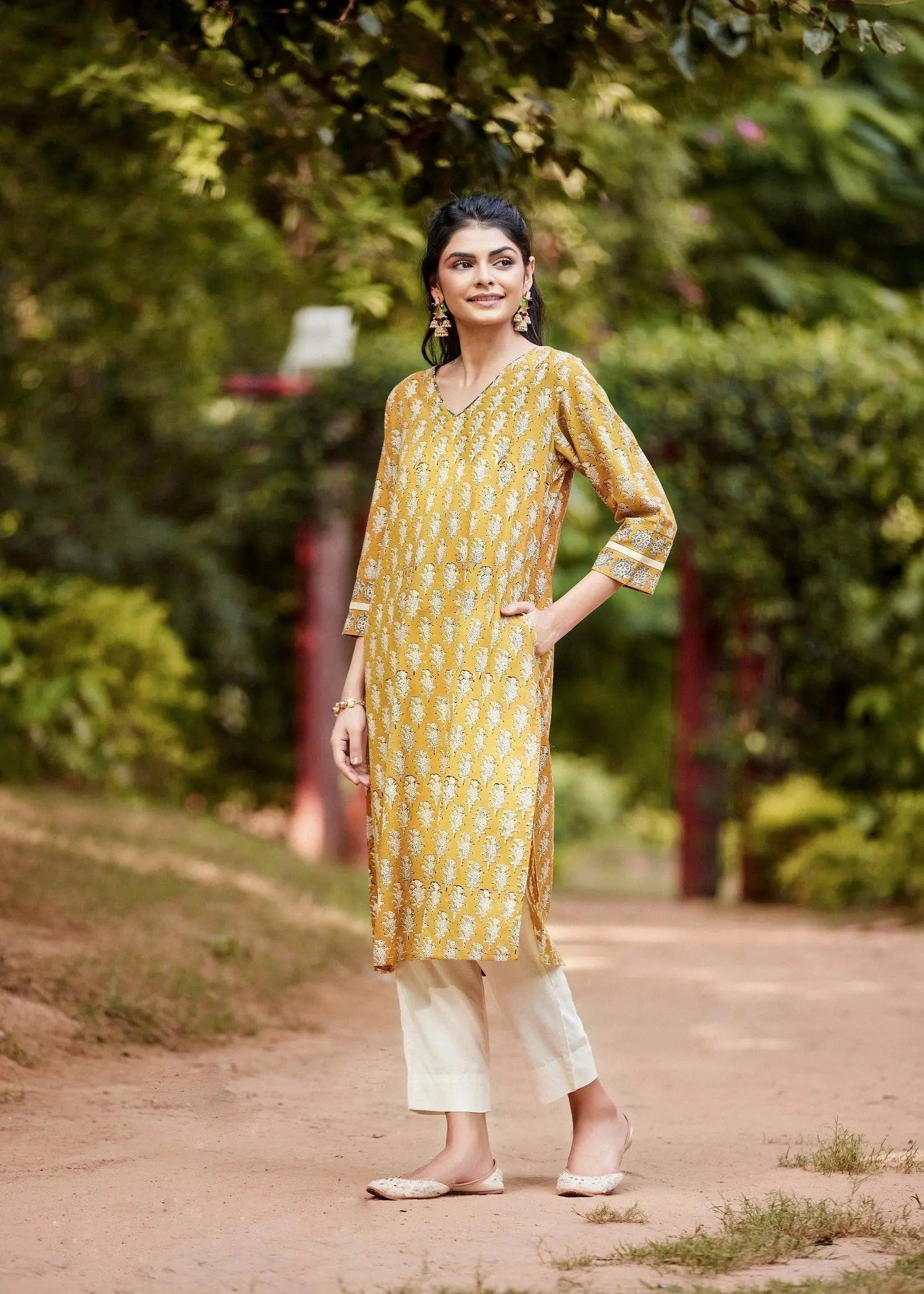 Mustard Straight-Cut Hand-Block Printed Cotton Kurta
