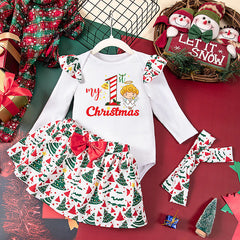 My 1st Christmas Baby Girls Romper Set – Festive Cotton Blend Outfit with Skirt and Bow