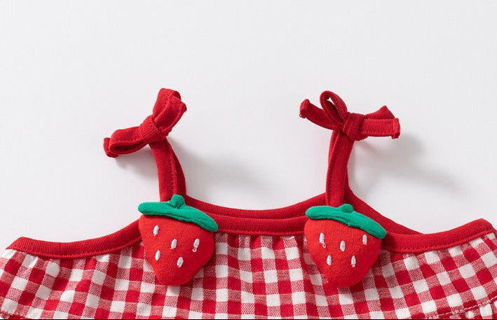 Baby Girls Checkered Strawberry Dress – Soft Cotton Party Outfit