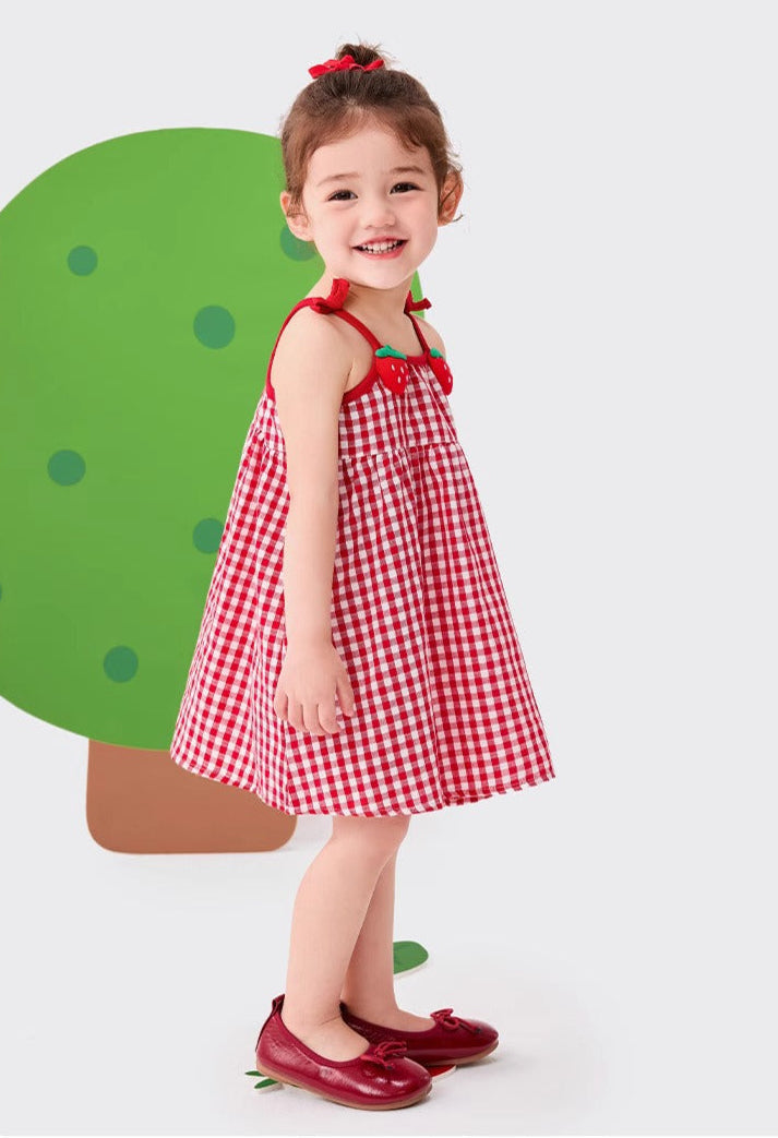 Baby Girls Checkered Strawberry Dress – Soft Cotton Party Outfit
