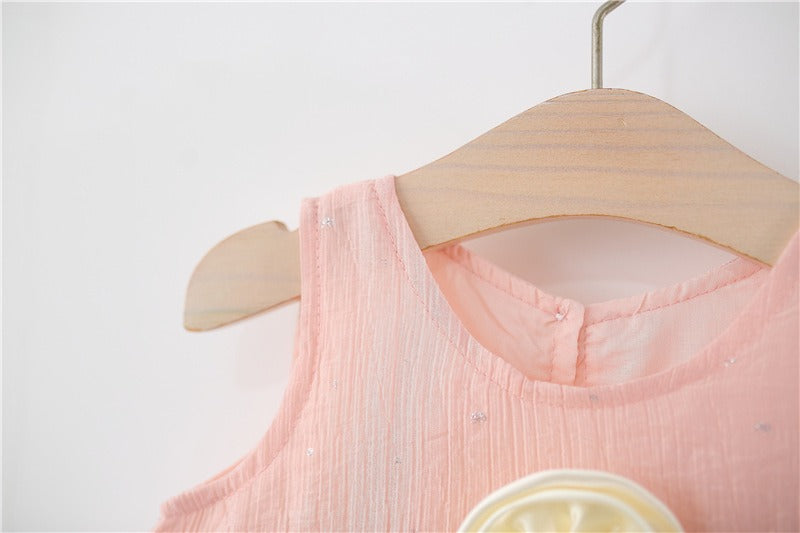 Rose Bloom Frill Girls Dress with Hat – Cotton Liner Summer Outfit for Kids