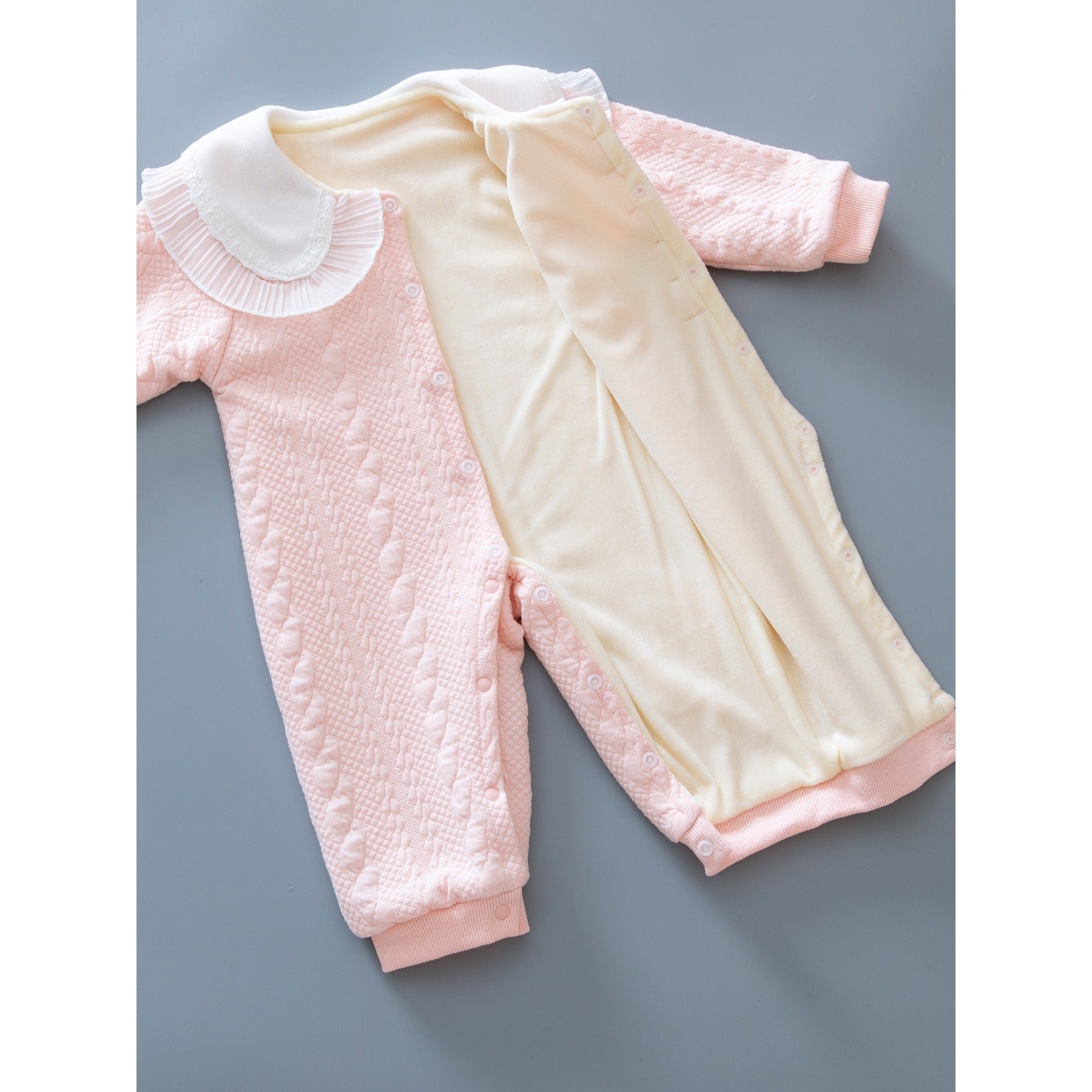 Soft Peachy Pink Baby Girls Romper Delight – Fleece-Lined Cotton Blend Infant Outfit, Cozy & Cute