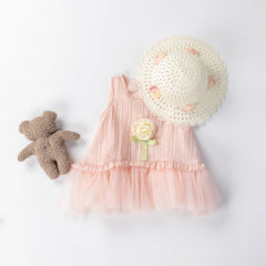 Rose Bloom Frill Girls Dress with Hat – Cotton Liner Summer Outfit for Kids