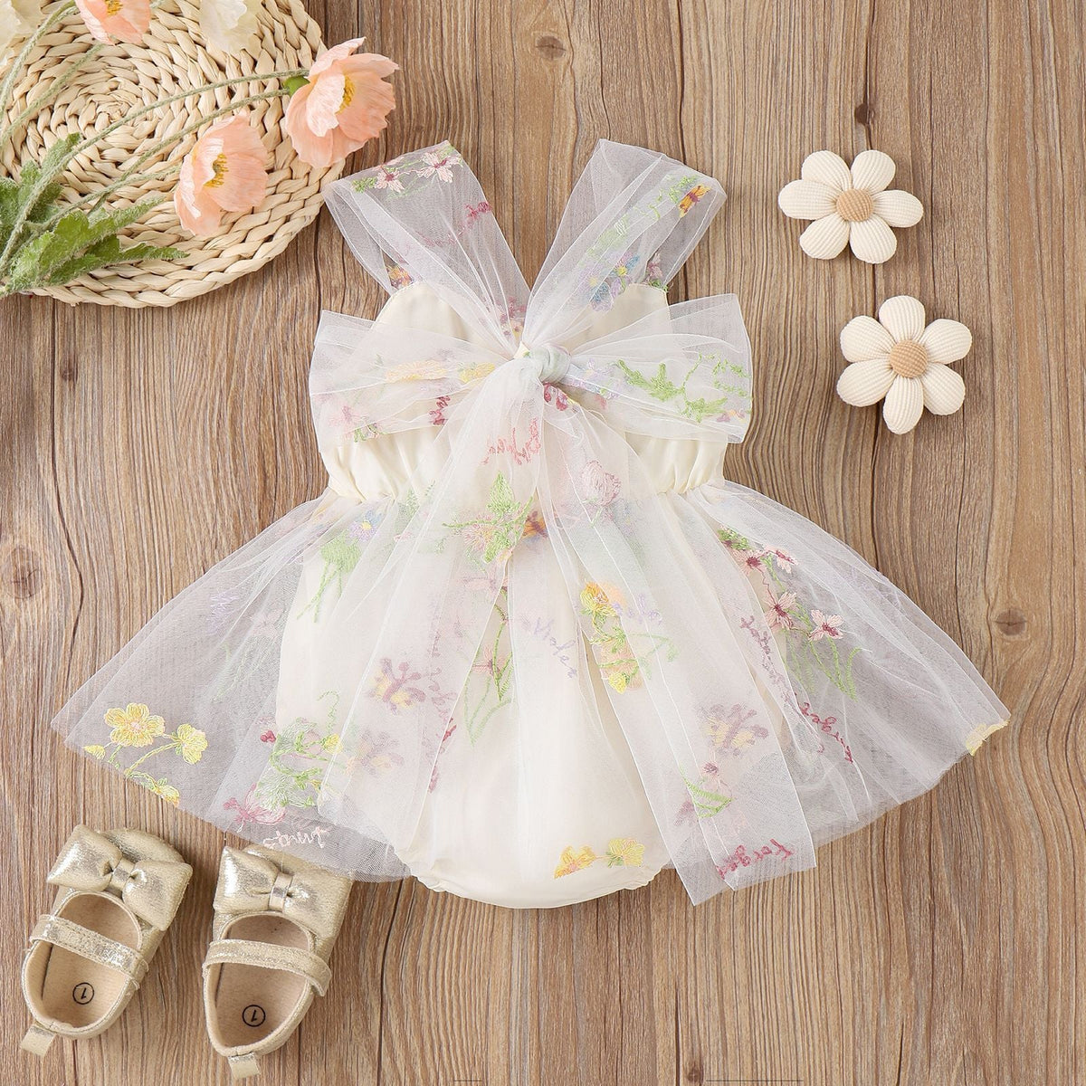 Flower Embroidered Girls Romper Dress – Soft Cotton Blend Outfit