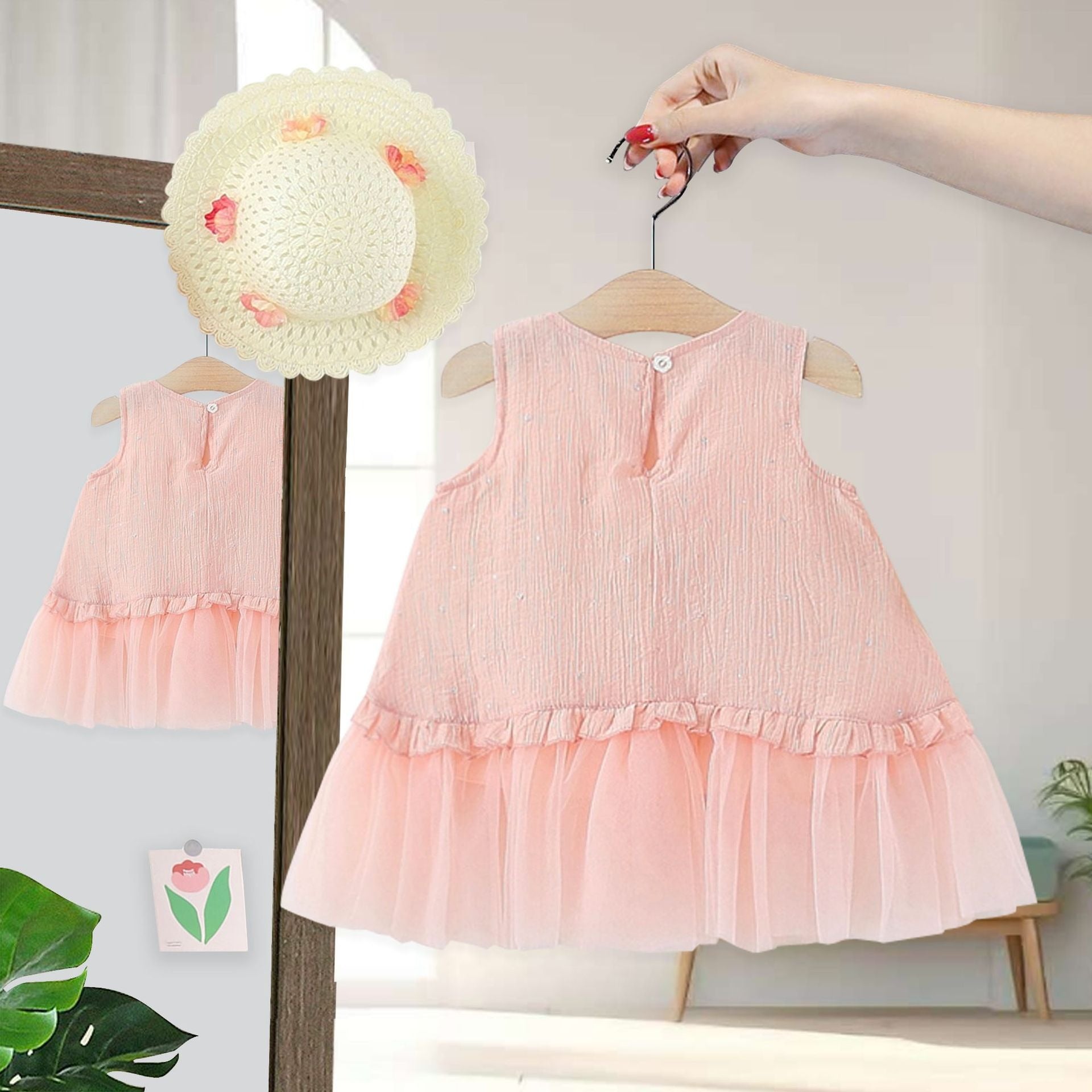 Rose Bloom Frill Girls Dress with Hat – Cotton Liner Summer Outfit for Kids