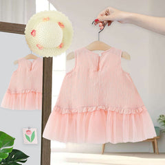 Rose Bloom Frill Girls Dress with Hat – Cotton Liner Summer Outfit for Kids