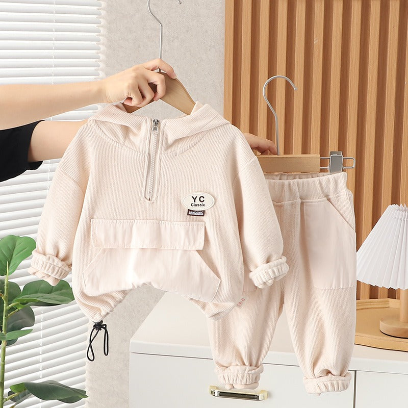Beige Hooded Boys Cotton Sweatsuit Set – Casual Two-Piece Outfit