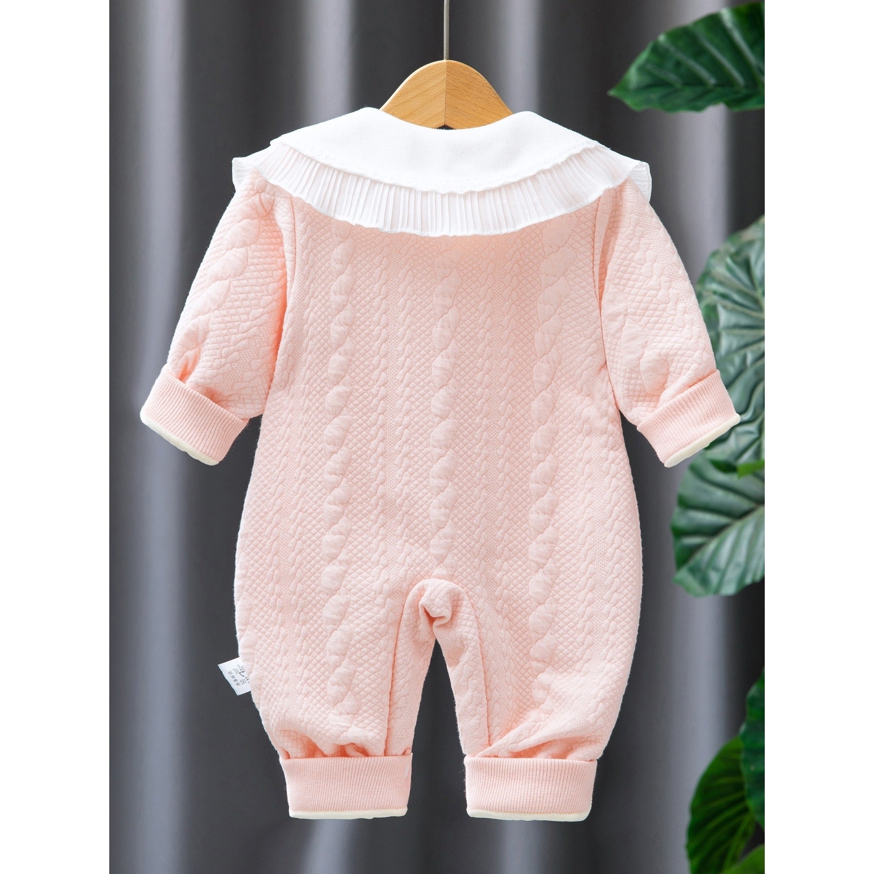 Soft Peachy Pink Baby Girls Romper Delight – Fleece-Lined Cotton Blend Infant Outfit, Cozy & Cute