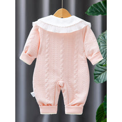 Soft Peachy Pink Baby Girls Romper Delight – Fleece-Lined Cotton Blend Infant Outfit, Cozy & Cute