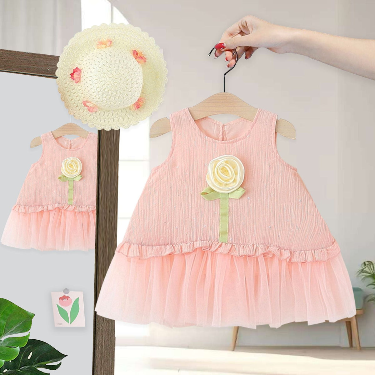 Rose Bloom Frill Girls Dress with Hat – Cotton Liner Summer Outfit for Kids
