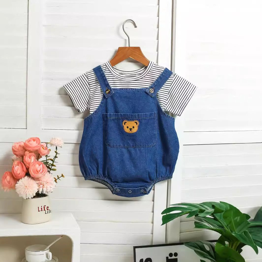 Denim Teddy Two-Piece Baby Boys and Girls Romper – Cute Infant Outfit