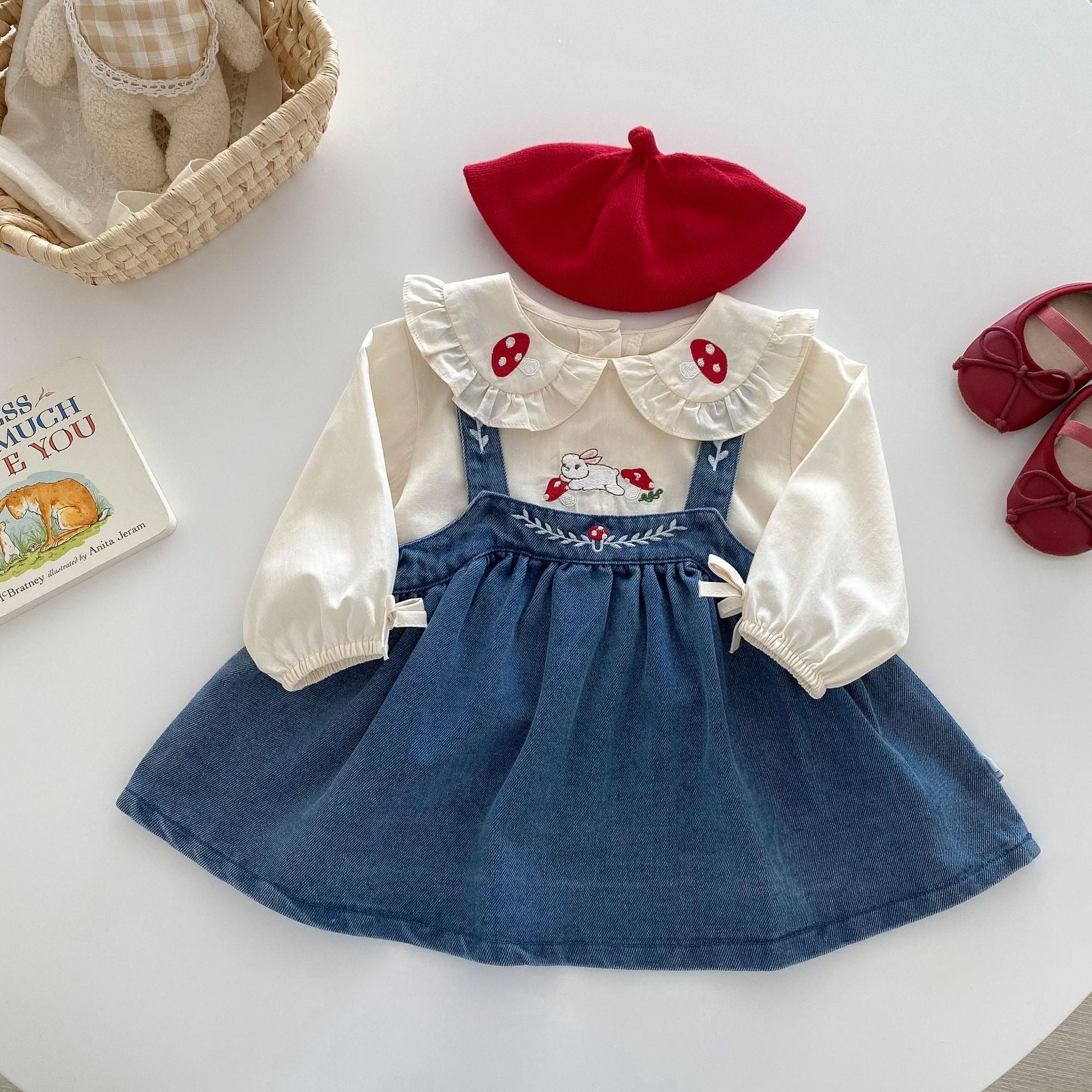 Valentina Embroidered Girls Top & Denim Dress Set – Stylish Cotton Blend Outfit
