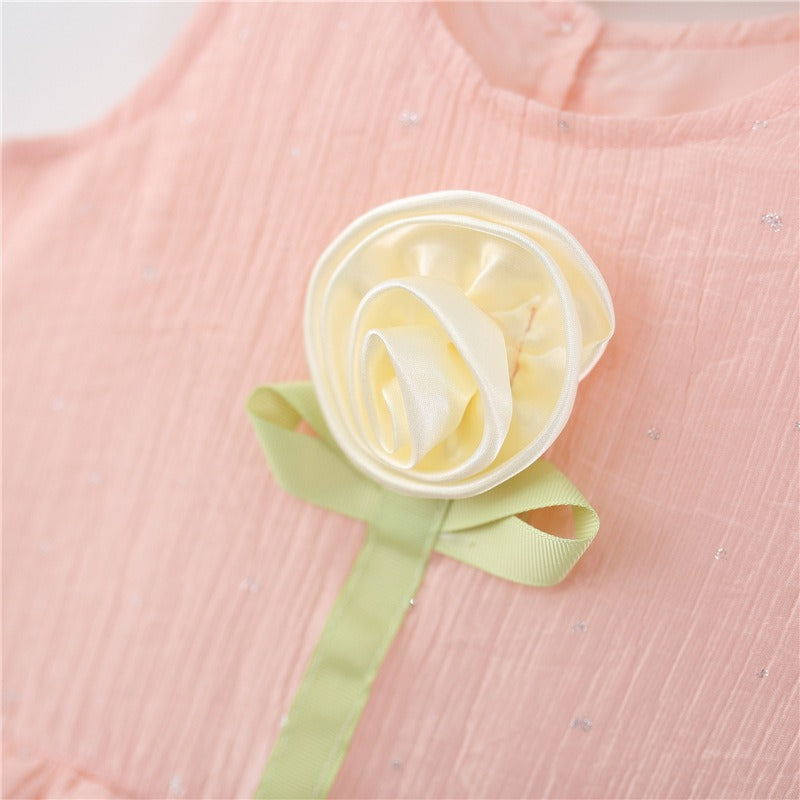 Rose Bloom Frill Girls Dress with Hat – Cotton Liner Summer Outfit for Kids