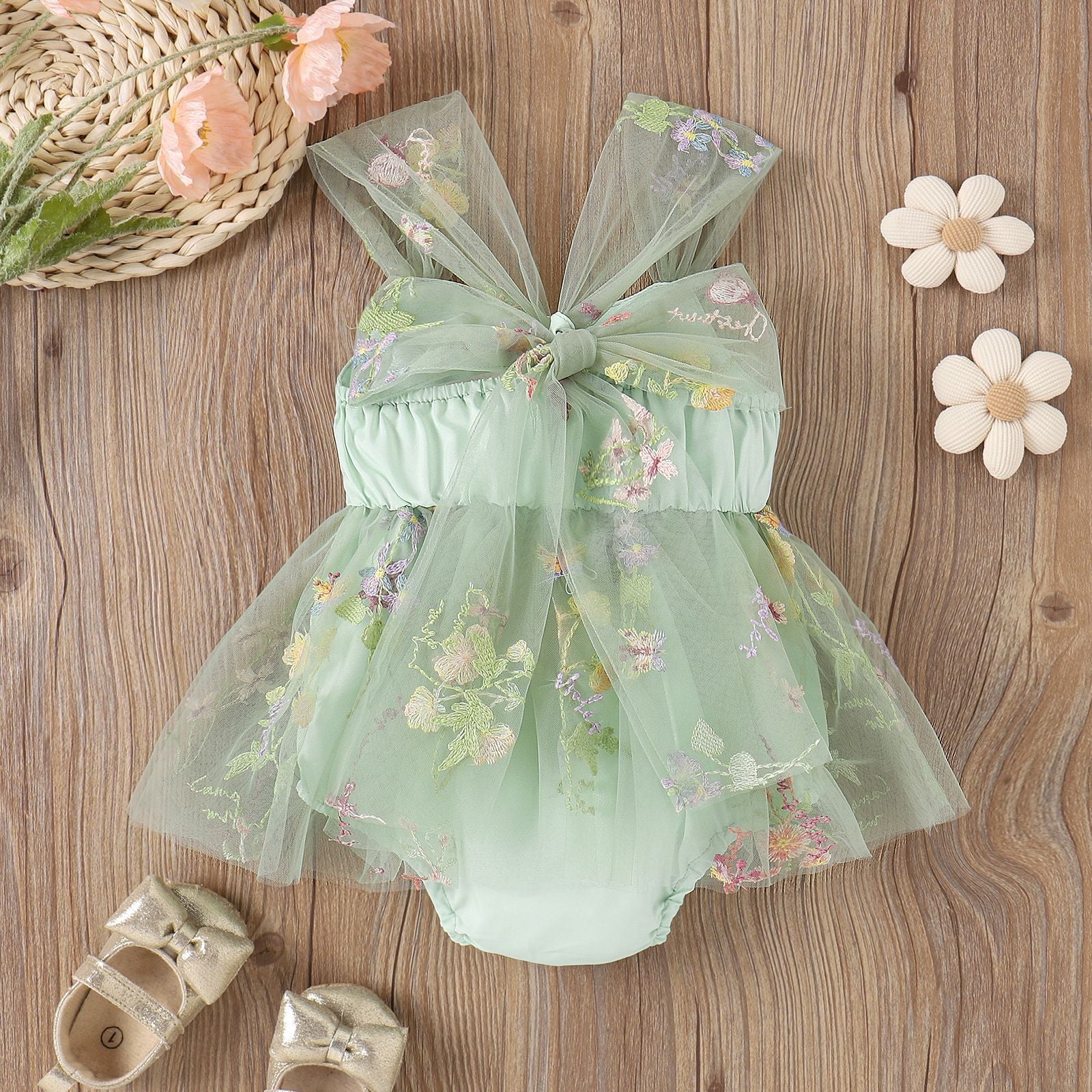 Flower Embroidered Girls Romper Dress – Soft Cotton Blend Outfit