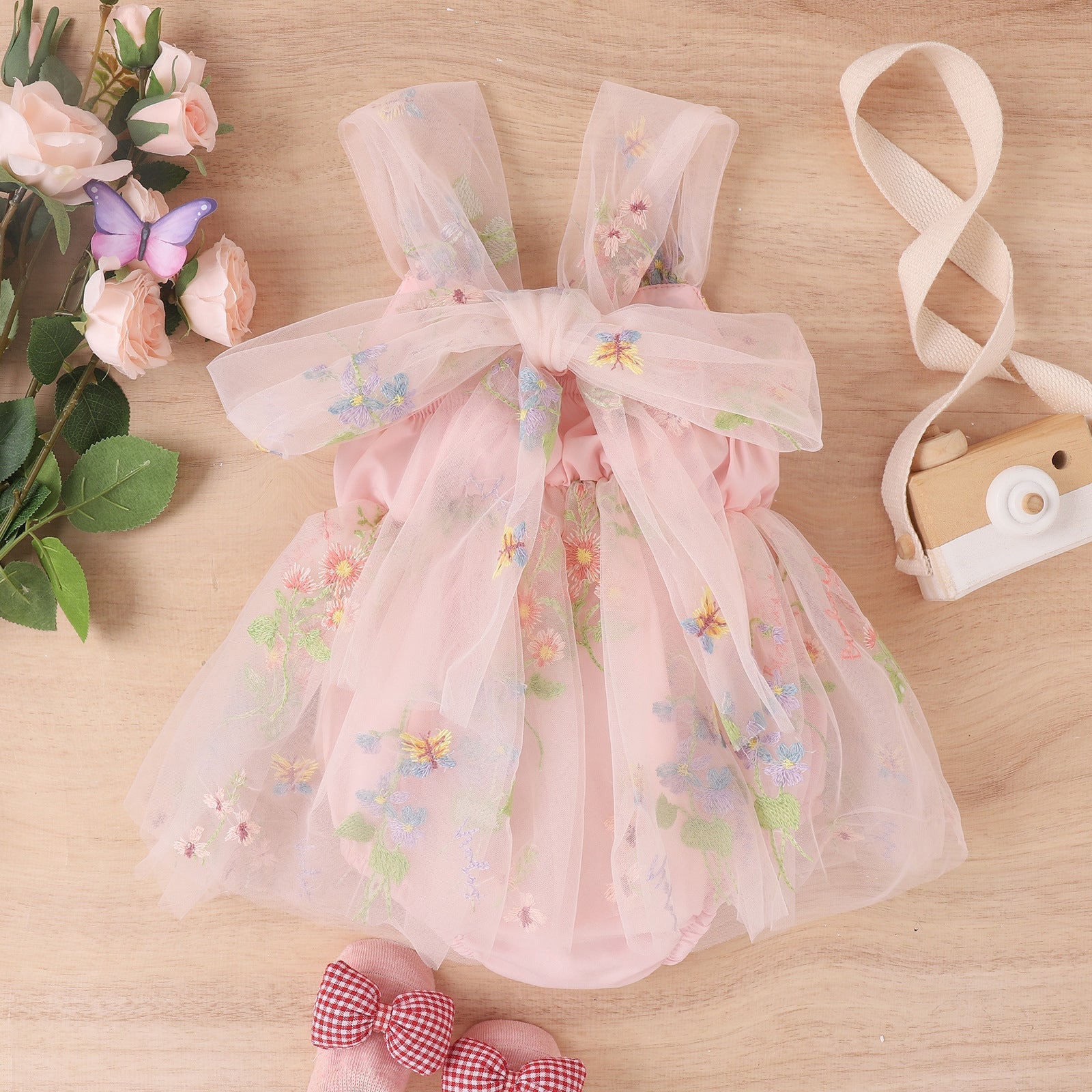 Flower Embroidered Girls Romper Dress – Soft Cotton Blend Outfit