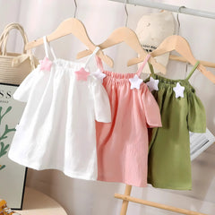 Off-Shoulder 3D Stars Girls Dress – Soft Cotton Party Outfit