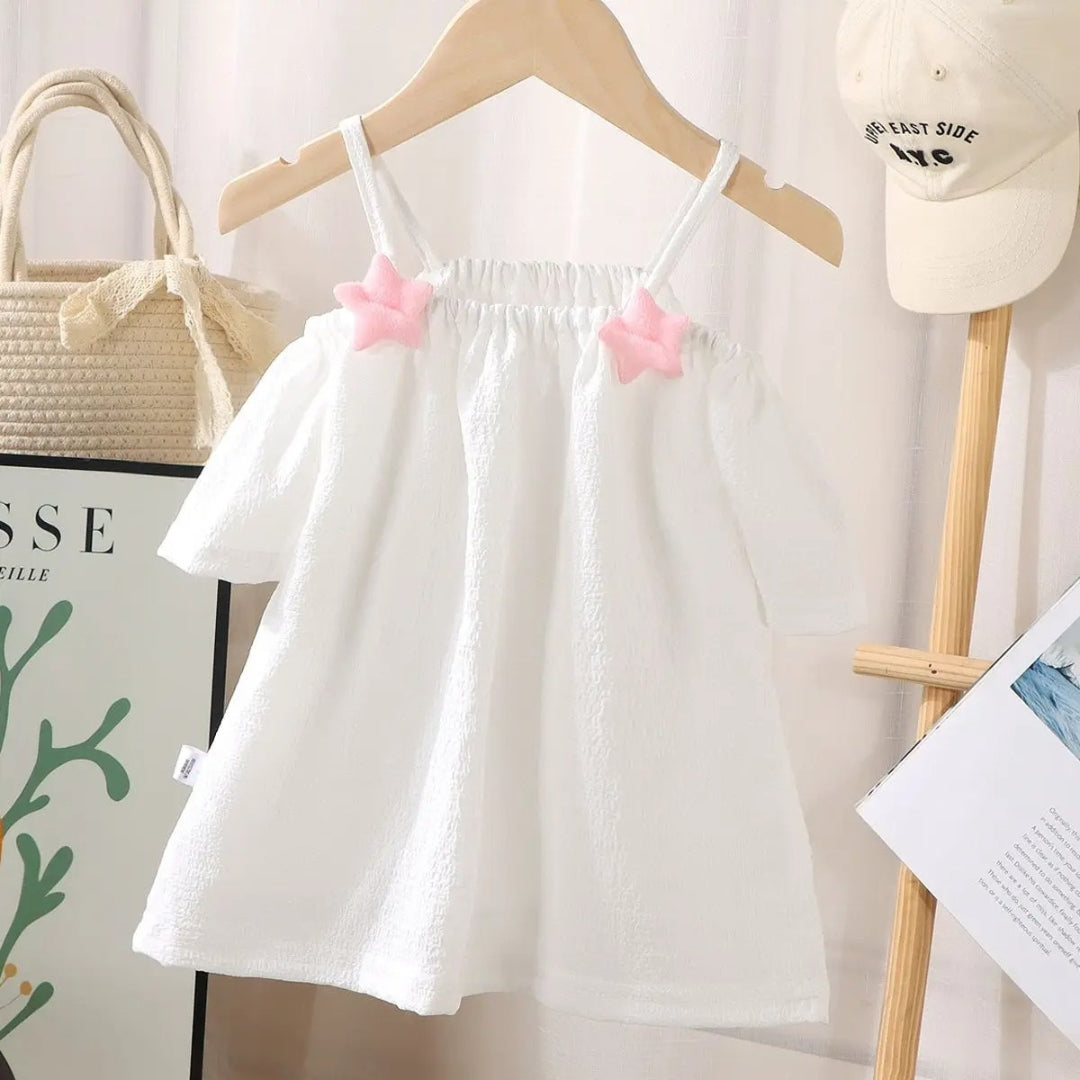 Off-Shoulder 3D Stars Girls Dress – Soft Cotton Party Outfit