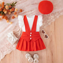 Baby Girls Three-Piece Dress Set with Hat – Stylish Cotton Blend Outfit