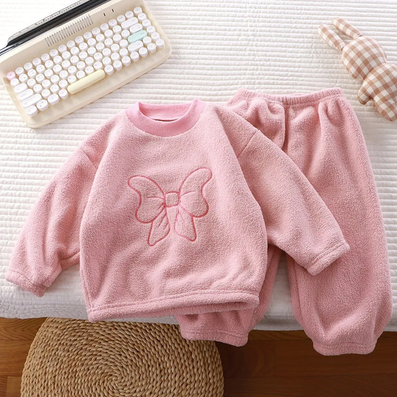 Pastel Bow Girls Fleece Set – Cozy Cotton Blend Winter Outfit for Toddlers and Kids