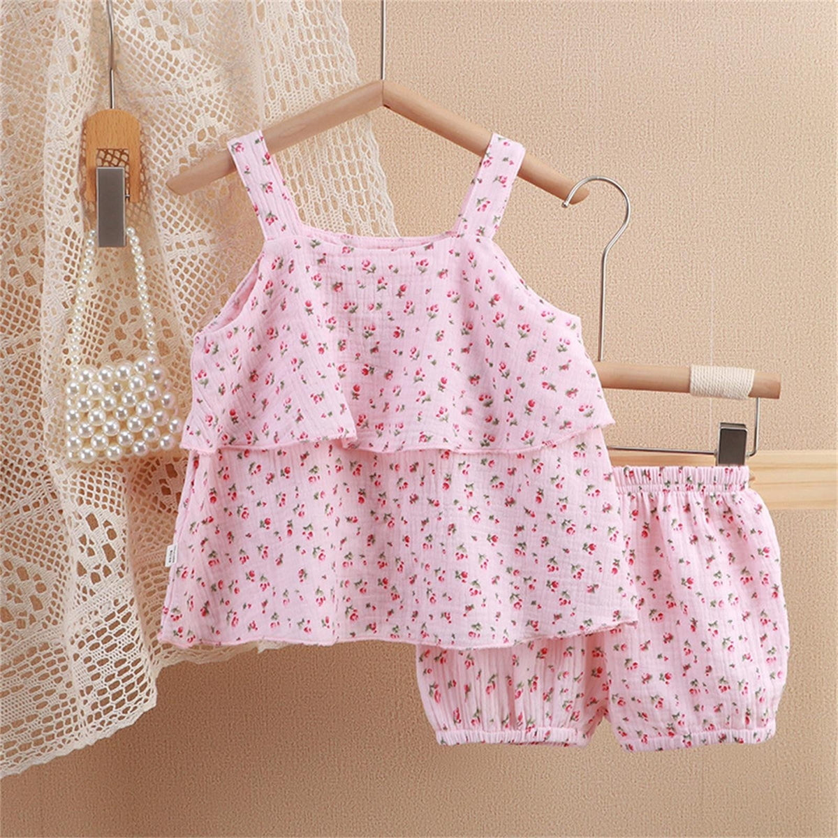Pink Blossom Sleeveless Girls Set – Cute Cotton Summer Outfit for Toddlers and Kids