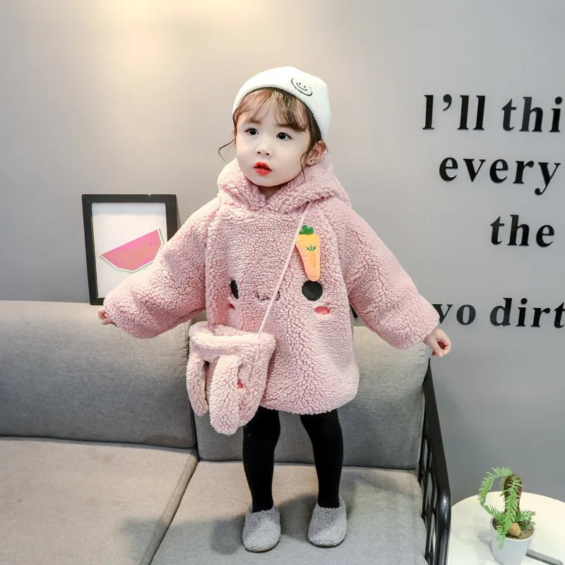 Pink Bunny Hoodie Girls Dress with Bunny Bag – Cozy Fleece Outfit