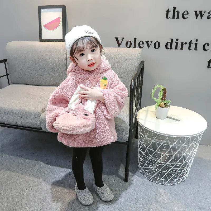 Pink Bunny Hoodie Girls Dress with Bunny Bag – Cozy Fleece Outfit